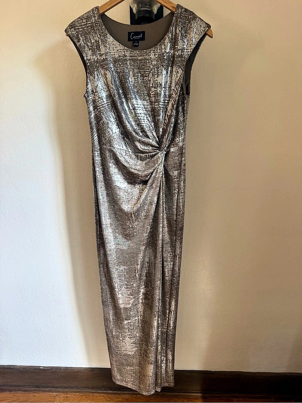 Connected Apparel Metallic Draped Maxi Dress Size 4 Like new.